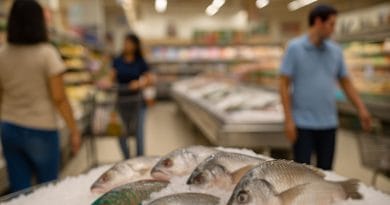 Shoppers walking past a supermarket seafood section with whole milkfish, tilapia, and parrotfish on ice, viewed at an angle with the display slightly blurred.