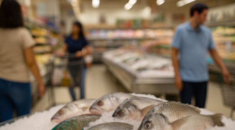 Shoppers walking past a supermarket seafood section with whole milkfish, tilapia, and parrotfish on ice, viewed at an angle with the display slightly blurred.