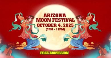 Promotional banner for Arizona Moon Festival 2025 with moon goddess illustrations and event details: October 4, 2025, 5PM to 11PM, at Saigon Center Plaza in Chandler. Free admission.