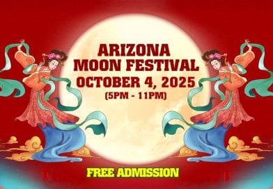 Promotional banner for Arizona Moon Festival 2025 with moon goddess illustrations and event details: October 4, 2025, 5PM to 11PM, at Saigon Center Plaza in Chandler. Free admission.
