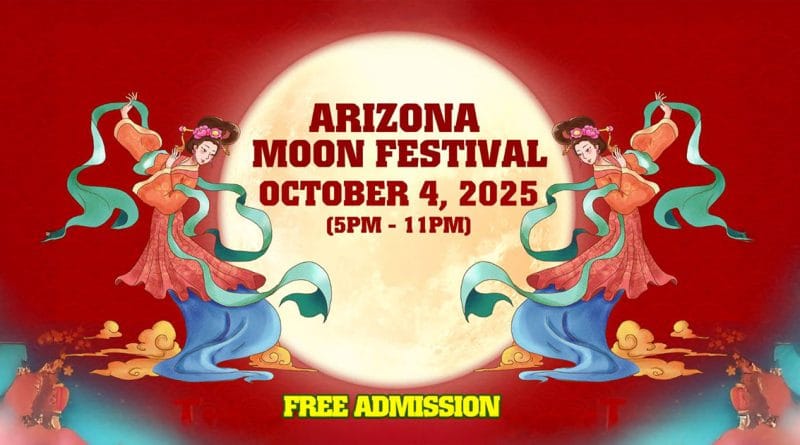 Promotional banner for Arizona Moon Festival 2025 with moon goddess illustrations and event details: October 4, 2025, 5PM to 11PM, at Saigon Center Plaza in Chandler. Free admission.