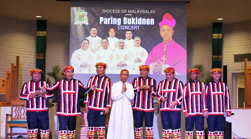 Members of the Paring Bukidnon singing priests from the Diocese of Malaybalay stand on stage with a local priest at Our Lady of the Valley Catholic Church in Phoenix during their fundraising concert on October 18, 2025.